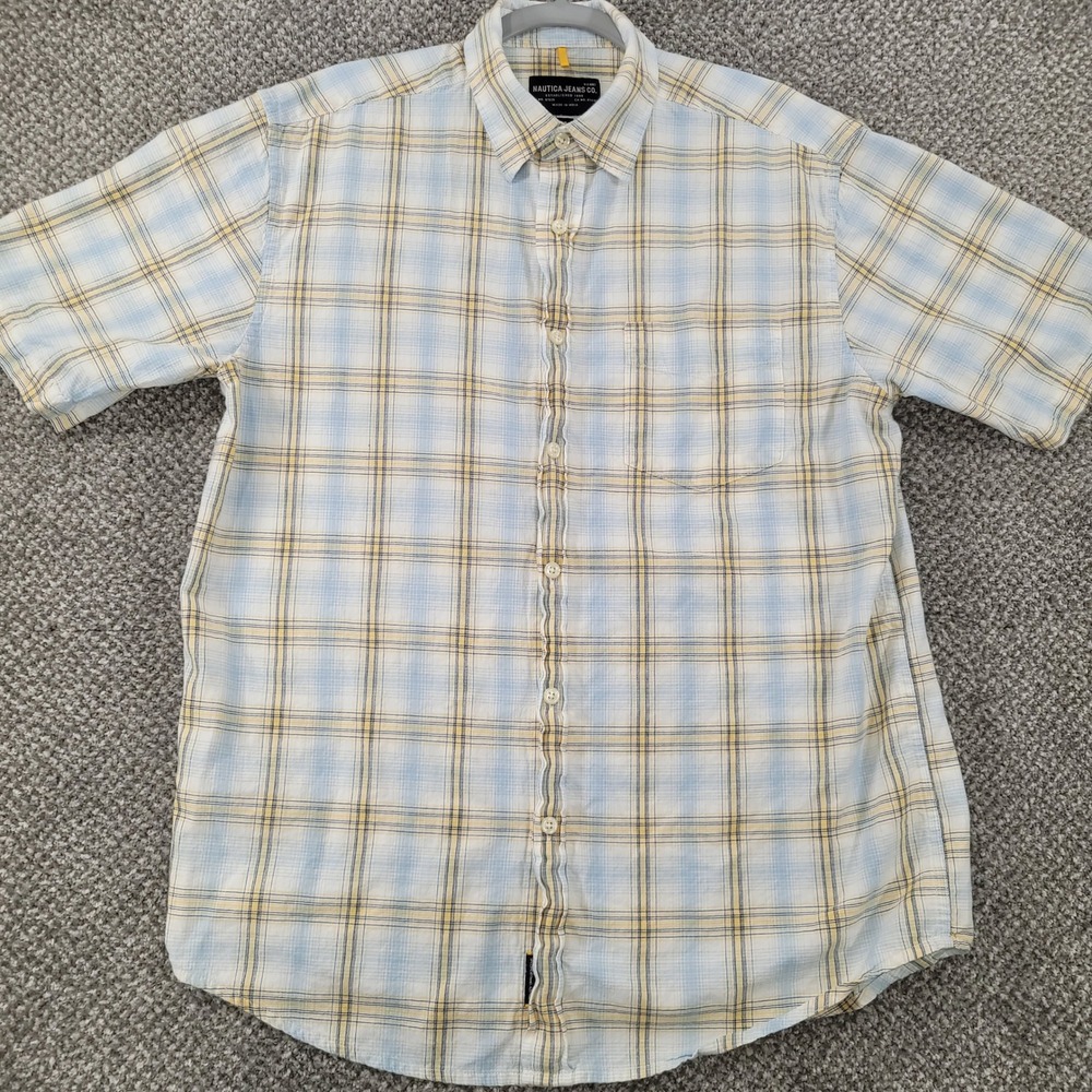 Vintage Nautica Jeans Mens Med. Blue Yellow Plaid Short Sleeve Button Down Shirt